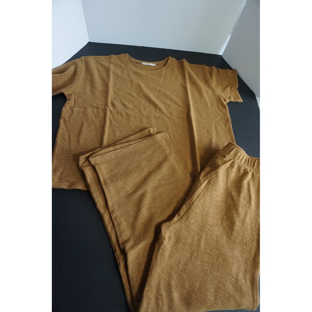 Zenana Women Caramel Brown Textured Knit Lounge Set Top & Wide Leg Pants - Picture 2 of 12